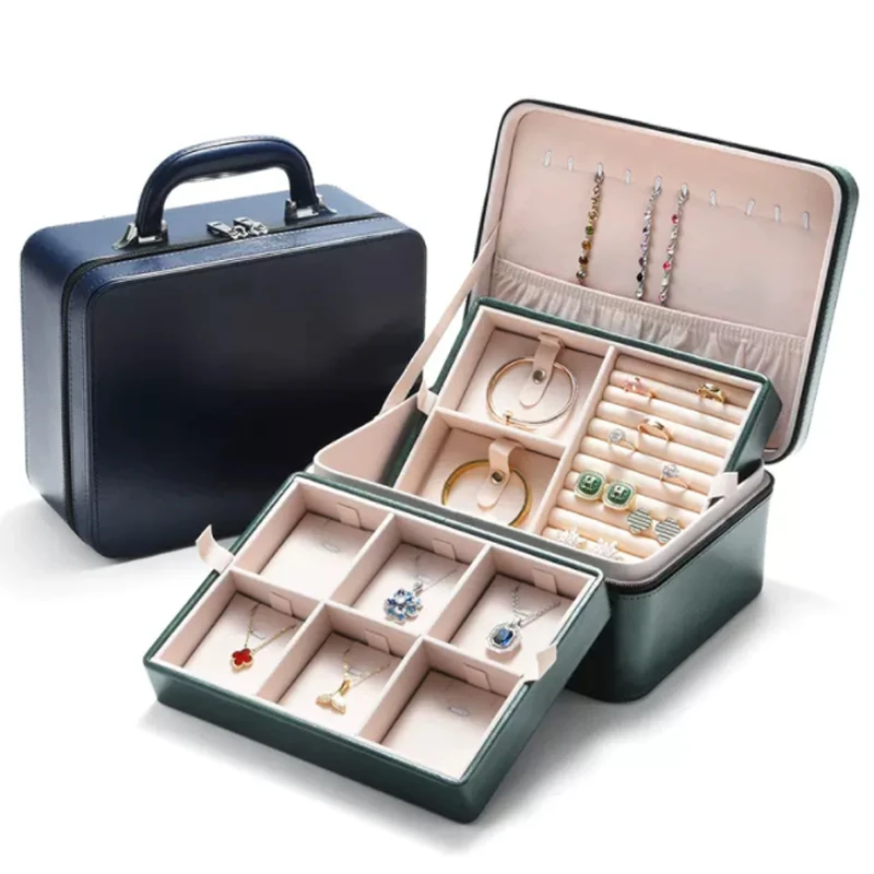 Maleta de joyería de gran capacidad, caja de almacenamiento de joyas de cuero de doble capa, colección de exhibición comercial para el | - AliExpress