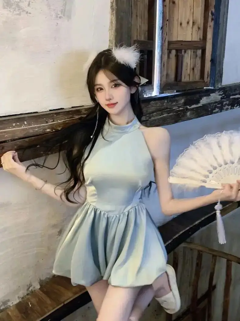 Jumpsuits Backless Bow Blue Women Sleeveless Playsuit Sexy High Waist Wide Leg Solid Rompers Ladies Sexy Fashion