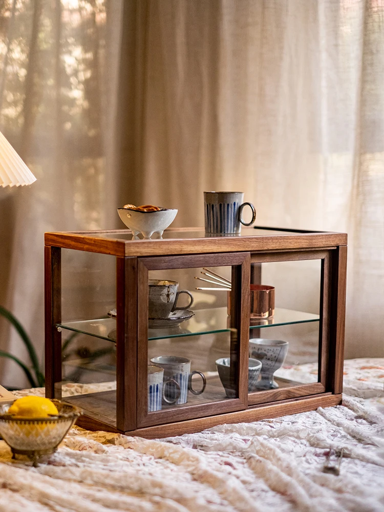 

Free shipping Black Walnut Solid Wood Glass Tea Cabinet Display Cabinet Tea Room Tea Set Storage Showcase