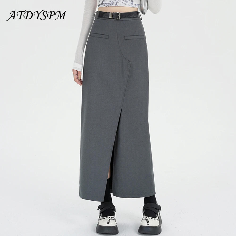 

High Waist Gray Suit Skirts Women Casual Split A-Line Long Skirt With Belt Simplicity Vintage Straight Skirts Femme
