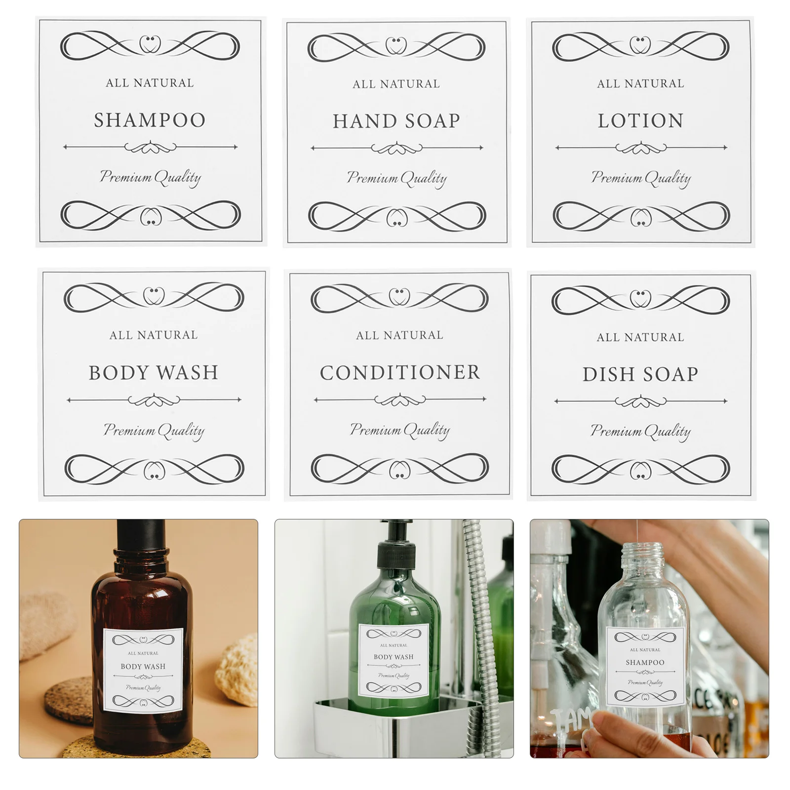 6 Sheets Hand Bottle Sticker Soap Labels Shampoo Sorted Stickers Dish Bathroom for Dispenser Waterproof Conditioner bathroom labels sticker set