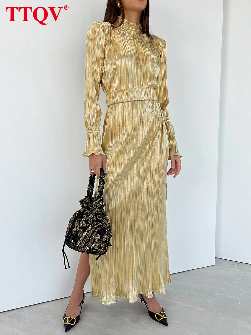 

TTQV Fashion Gold Turtleneck Dresses For Women 2022 Elegant Long Sleeve Pleated Dresses Autumn Side Slit Ruffle Dress Streetwear