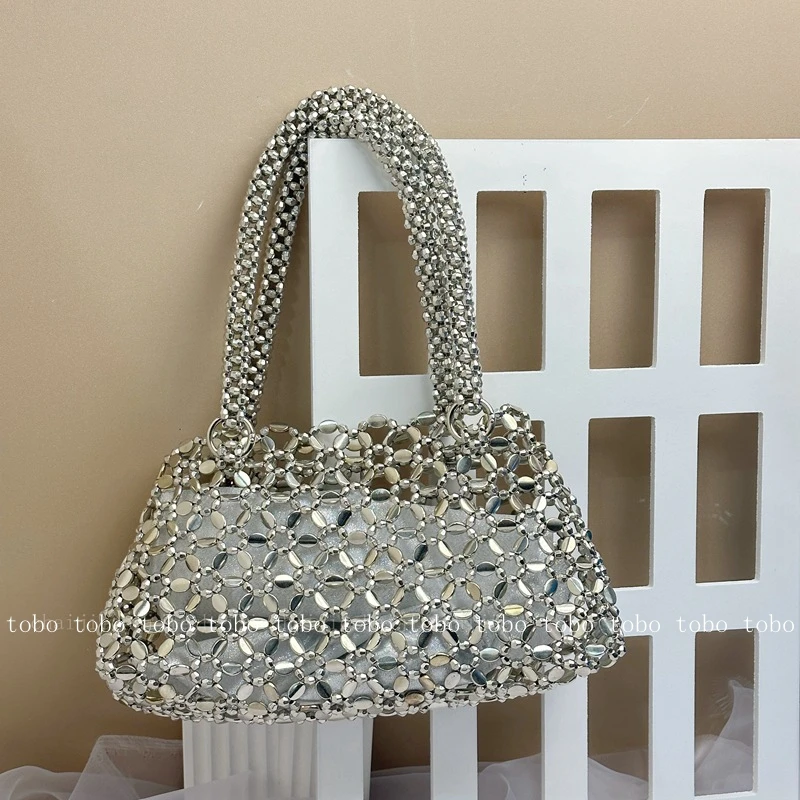 

Серебристая сумка на плечо, вечерний кошелек, роскошный клатч, ручная работа, с вырезами, Хобо, блестящие дизайнерские женские сумки с блестками внутри