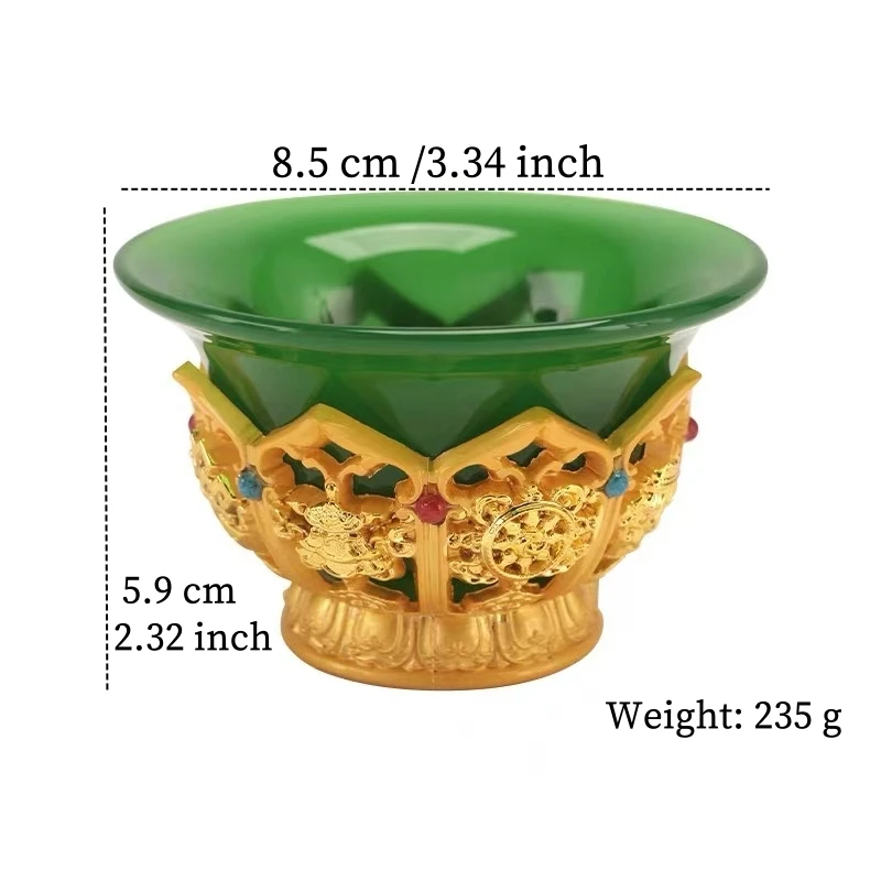 Golden Tibetan Ghee Bowl Zinc Alloy Tantric Holy Water Cup 8.5 cm Engraved Buddhist Green Stone Bowl Gift Desktop Decorative 6