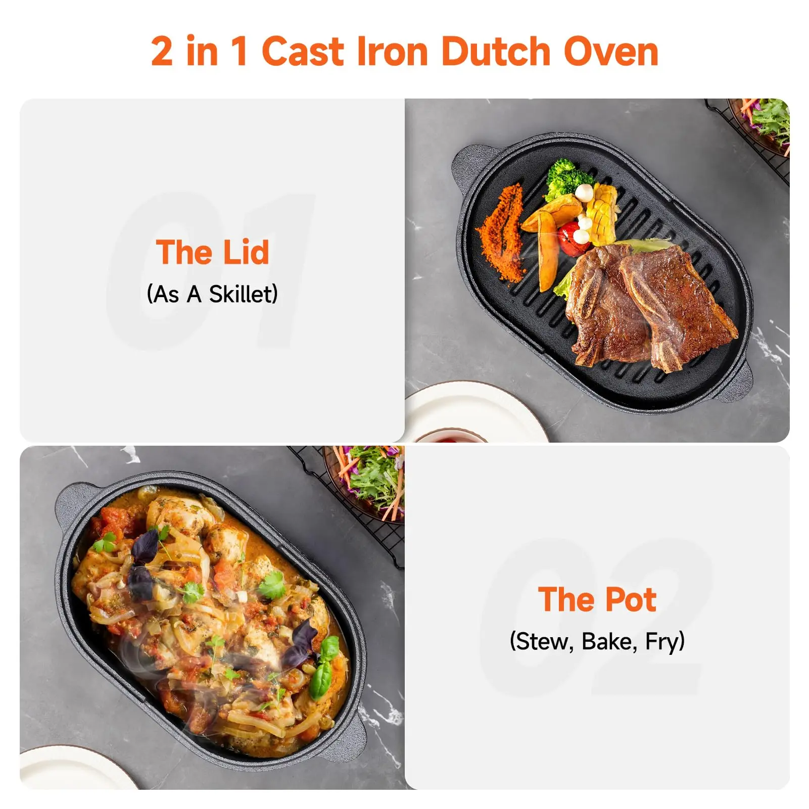 Cast Iron Dutch Oven 23cm 2 in 1 Pre-Seasoned Cast Iron Pot with Skillet Lid 2