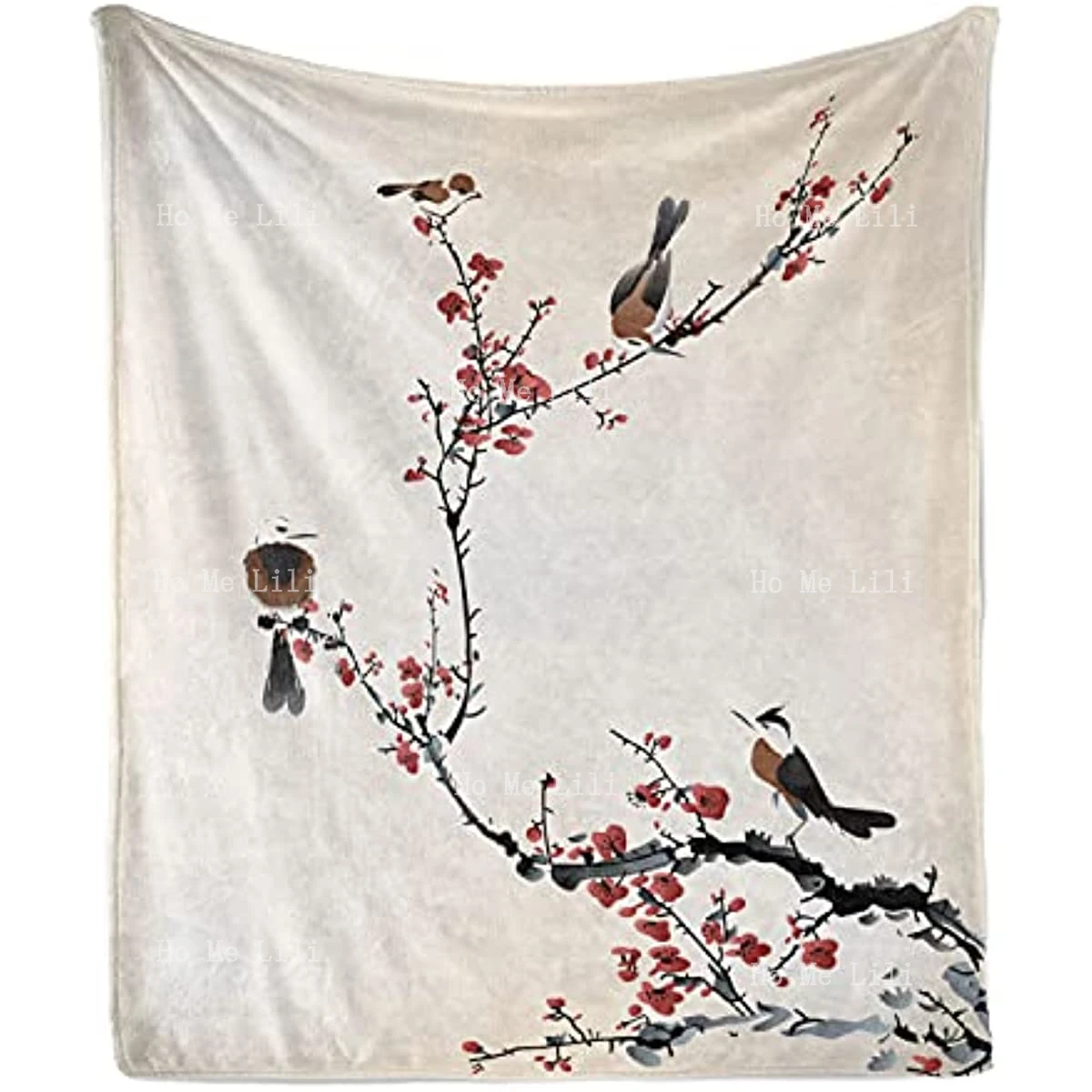 

Soft Flannel Fleece Blanket Birds On Cherry Tree Branches Summer Classic Illustration Cozy Plush For Indoor And Outdoor Use