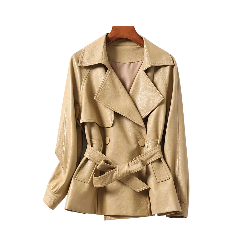 

Женская кожаная куртка с поясом и карманами, свободная офисная кожаная куртка из овечьей кожи, жакет из натуральной кожи для осени и зимы, 2023