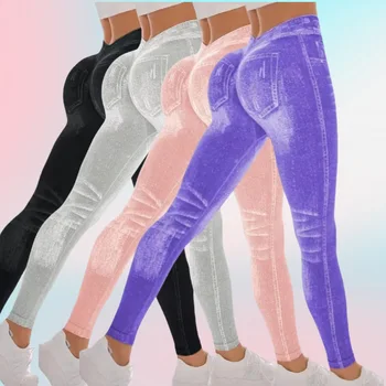  Women Sport Yoga Leggings Faux Jeans Skinny Tight Seamless Fitness Outerdoor Pants
