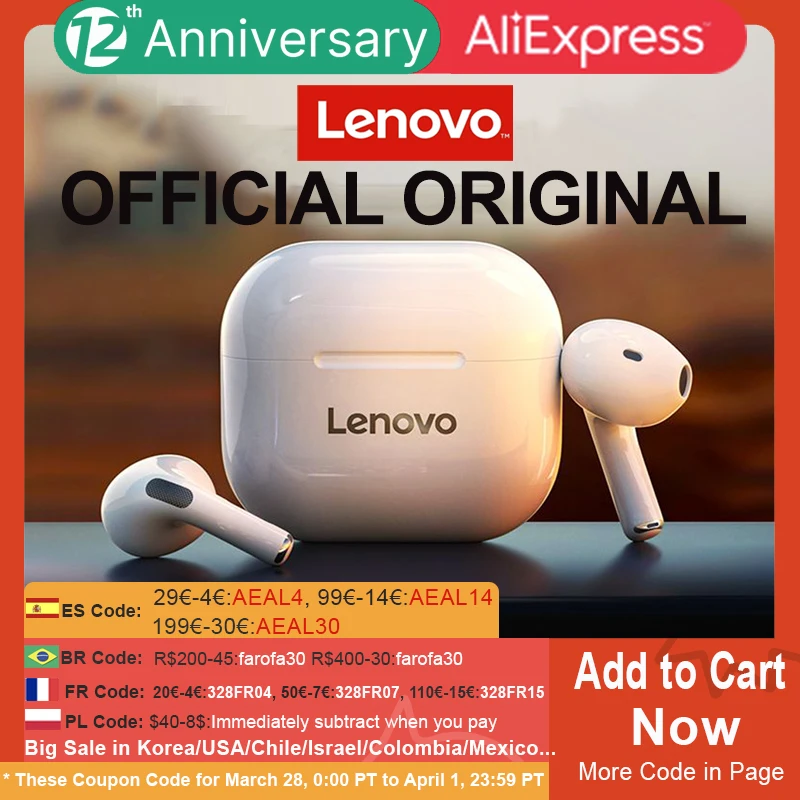

NEW Original Lenovo LP40 TWS Wireless Earphone Bluetooth 5.0 Dual Stereo Noise Reduction Bass Touch Control Long Standby 230mAH