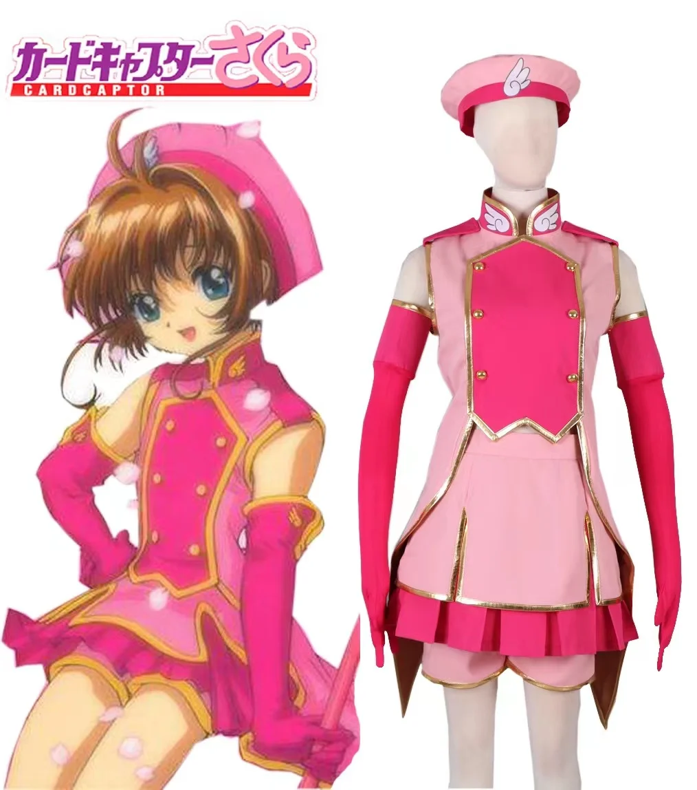 

High Quality Anime Card Captor Sakura Cosplay Kinomoto Sakura Costume Cute Pink Dress Women Wig