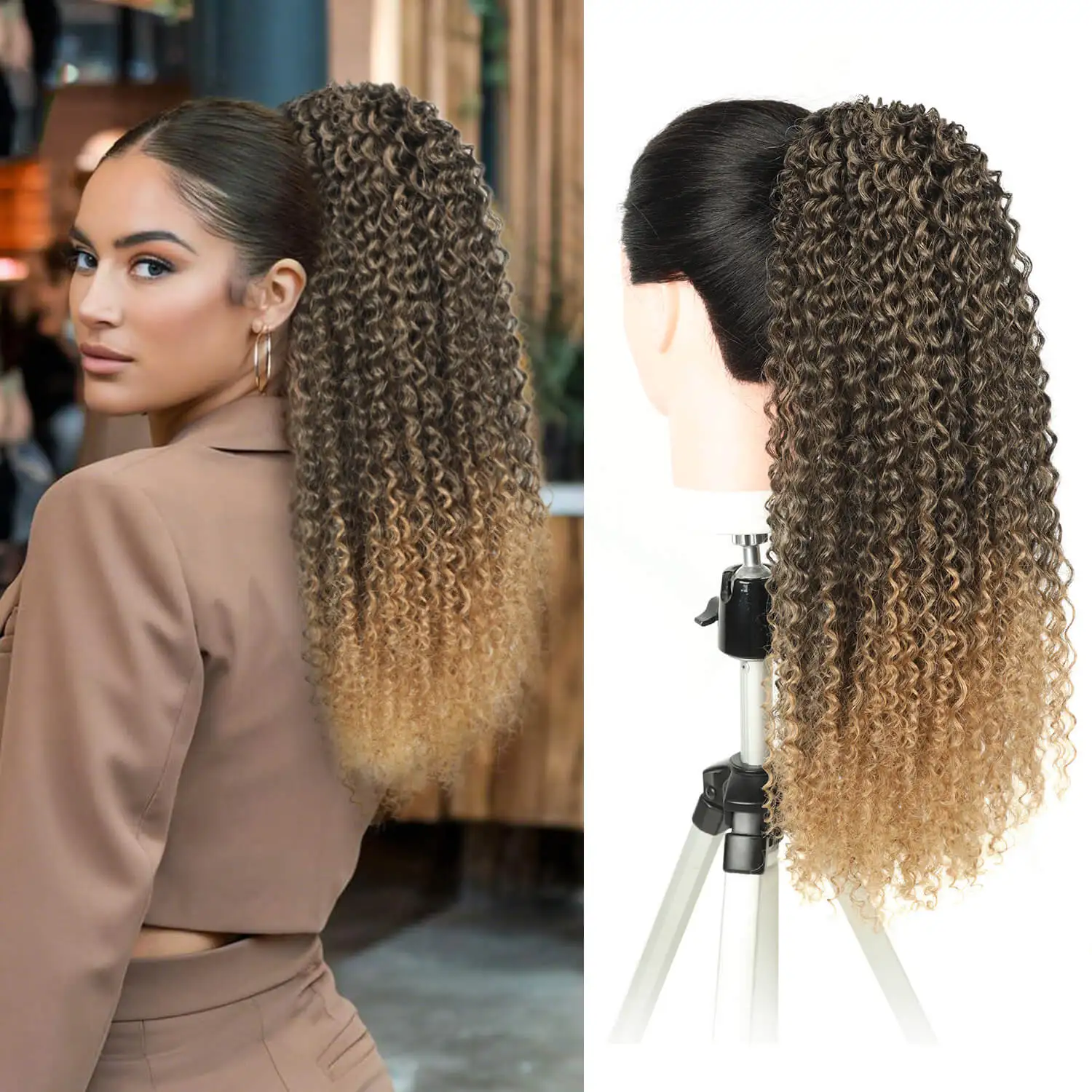 Synthetic 24inch Long Jerry Curly Wave Drawstring Ponytail Hair Extension Kinky Curly Heat Resistant Clip in For Women Girl