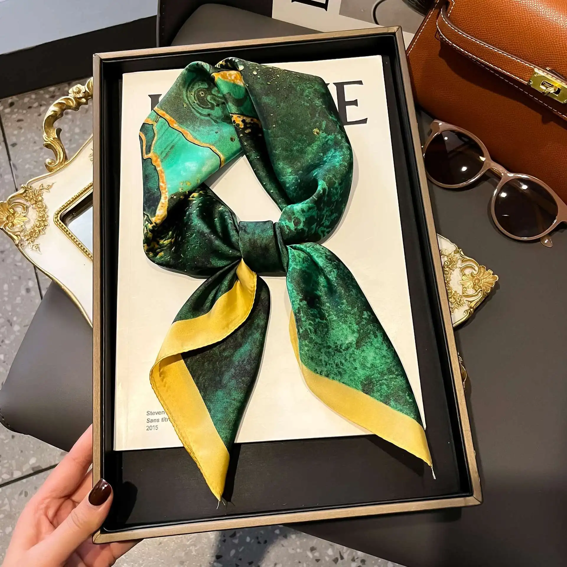 Luxury Satin Imitation Print Silk Scarf Square Women Neck Scarves Wrap Headkerchief Beach Hair Band Women's Bandana 4