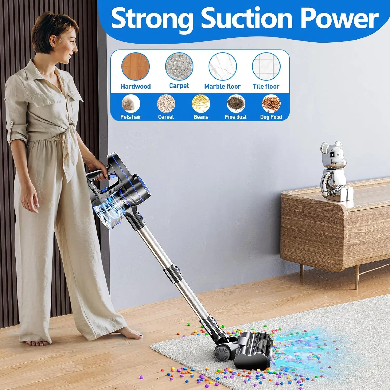 

Cordless vacuum cleaner, 20kPa suction power, 35 minutes run time, 1.5 liter dust collector, for pet hair, hard floors, carpets