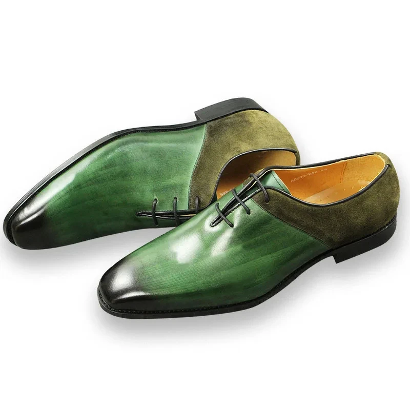 Green Classic Men Shoes Leather Formal Casual Wedding Party Lace Up Oxfords Big Size Suede and Split Leather Footwear For Males
