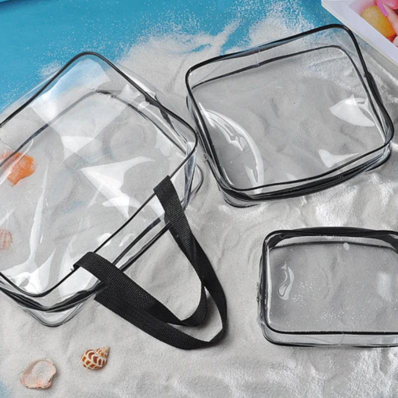Transparent travel toiletry bag Multi-functional waterproof organiser black PVC handheld three-size environmental protection bag travel toiletry bag
