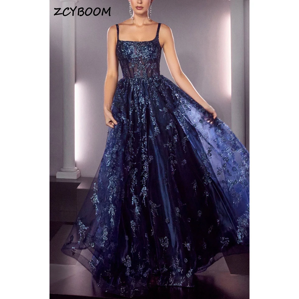 Elegante vestido de noche azul marino con tirantes finos, tul con lentejuelas, Espalda descubierta, línea A, largo hasta el suelo, hecho a medida, fiesta de graduación, 2024