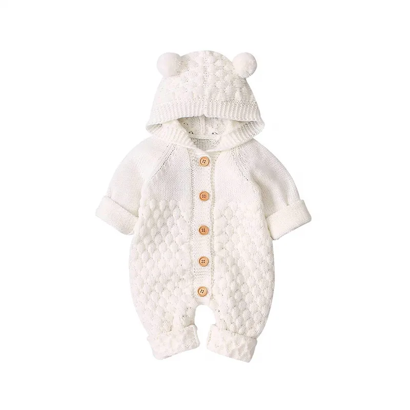 0-24months Newborn Winter Hooded Romper Long Sleeve Knitted Solid Color Jumpsuit For Infant Boys And Girls Knitted Long Playsuit 2