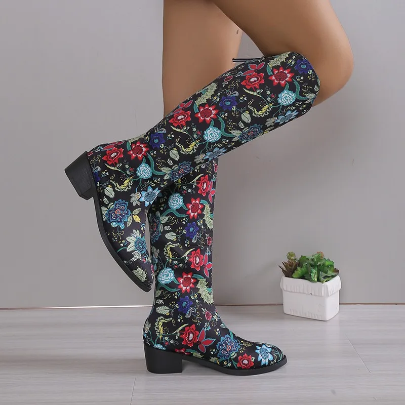 Winter Shoes for Female Back Zip Print Women's Knee-High Boots Square Heel Pointed Toe Women's Shoes Med Heel Sweet Ladies Boots