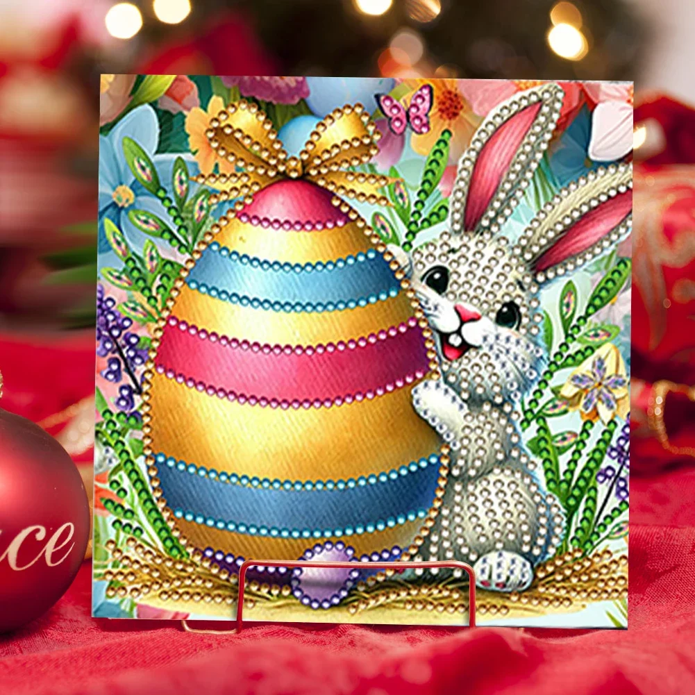 6Pcs Easter Rabbit Rhinestone Painting Card Kit Diamond Daily Wish Card Diamond Painting Greeting for Family Friends Gift