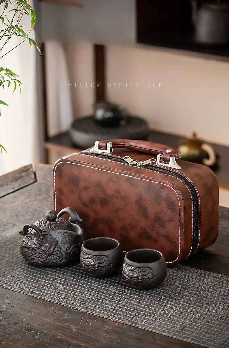 Dragon Teapot Portable Fu Kung Tea Set Teapot [1 + 2 Set] Cups Chinese Porcelain Tea Sets Ceramic Yixing Purple Clay Kettle