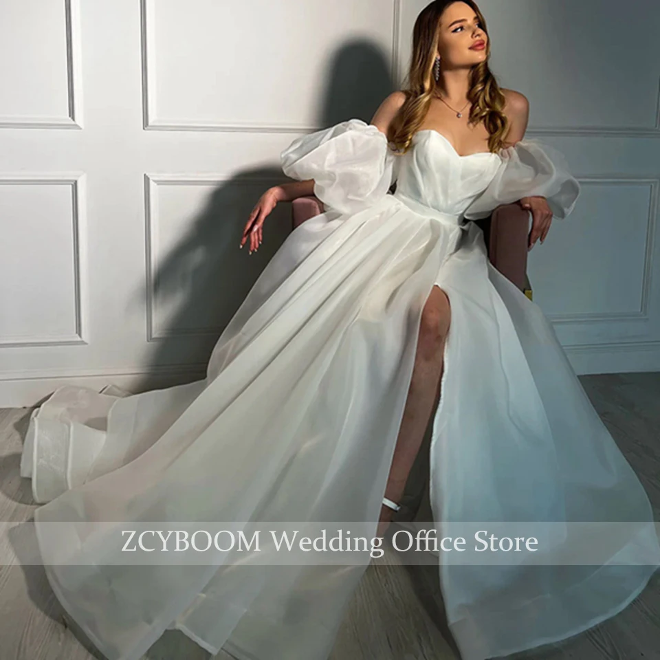 Sexy Hochgeschlitztes Brautkleid mit Puffärmeln für Strandhochzeiten 2026 Prinzessinnen-Stil Schulterfreies A-Linien Rückenfreies Brautkleid Vestido De Noiva – Detail 3