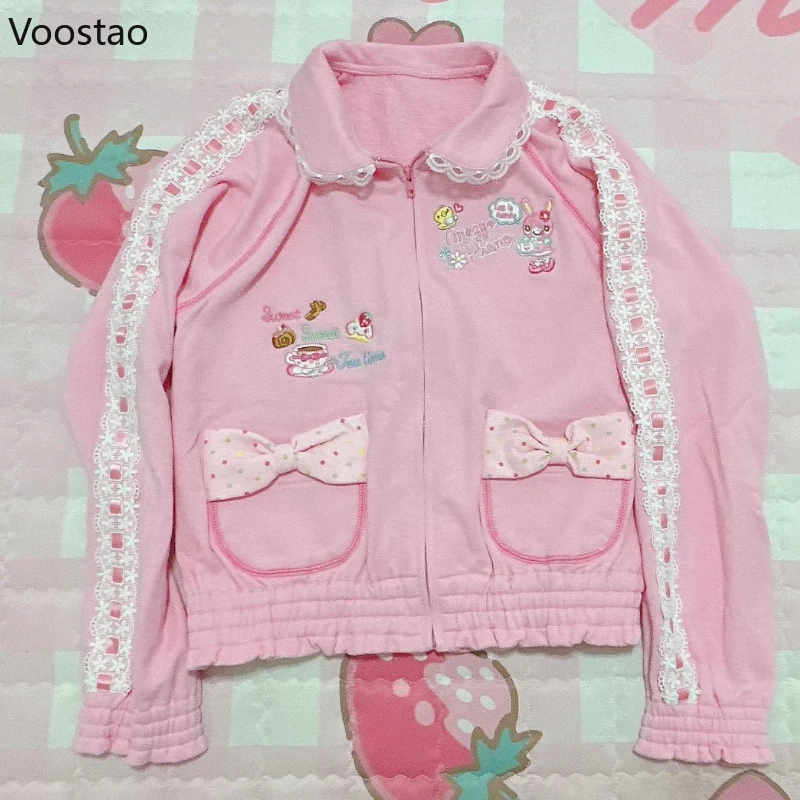 Japanese Lolita Style Women Sweet Jackets Y2k Aesthetic Cartoon Embroidery Peter Pan Collar Zipper Coats Kawaii Pink Slim Tops