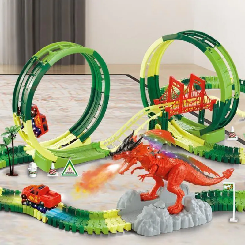 Dino Dinosaur Race Car Track, conjunto de pista mágica DIY, conjunto de  carreras de carretera, pista Flexible, juguetes de dinosaurios, rampas de  puente, juguetes para niños - AliExpress