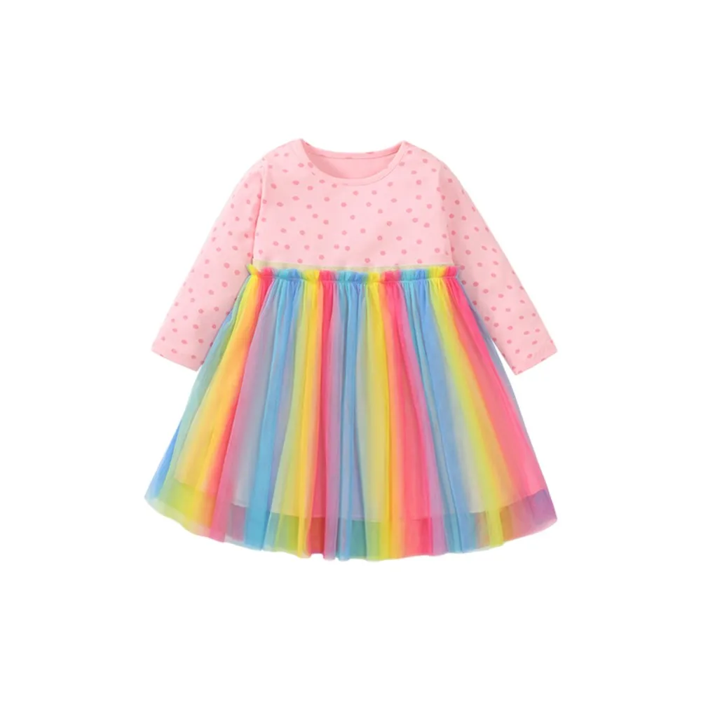 Girls Dresses 2025 Rainbow Colorful Mesh Children Girls Party Dresses Split Joint Long Sleeve Dresses Kids
