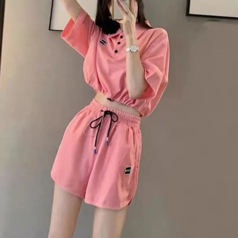 Women's Stylish Pullover Polo Collar Summer 2024 New Patchwork Button Pocket Solid Color Casual Sports Top Loose Pants Suit men elastic waist sports suit stylish honeycomb print women s sportswear set hooded cardigan coat elastic waist for casual