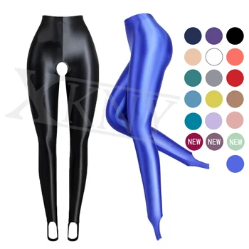 XClocKNYoung satin glossy Open crotch pants satin oil pantyhose wet look tights sexy stockings glossy slim high Pedal pants 1