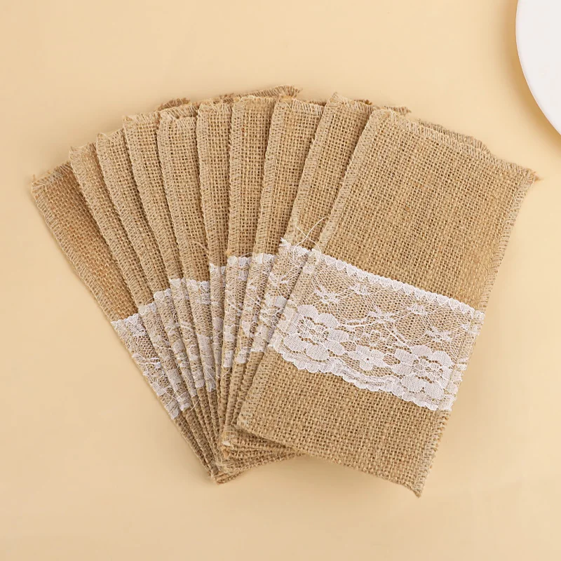 10/20/30 Stück Besteckhalter aus Sackleinen und Spitze, rustikale Jute-Bestecktaschen für Hochzeit, Geburtstag, Party, Bauernhaus, Esstisch-Dekoration – Detail 9