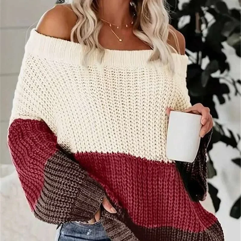 

Sweater Women’s Autumn Winter New One-word Collar Off-the-shoulder Stitching Contrast Loose Joker Knit Pullover Casual Elegant