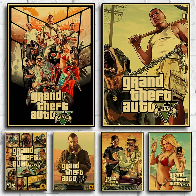 Jogo cartaz grand theft auto v gta 5 lona impressão da arte pintura parede  fotos para o quarto decoração casa arte da parede - AliExpress