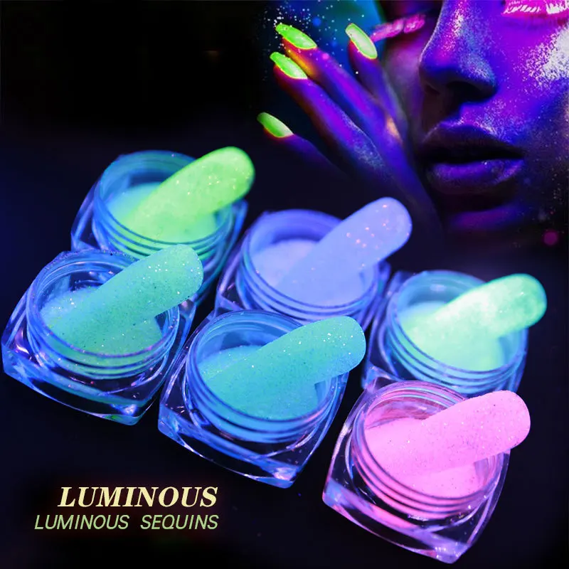 

6Pcs Nail Glitter Set Luminous Iridescent Powder Sequins For Nail Mixed Size Flakes Pigment Glow In The Dark Decoration Nail Art