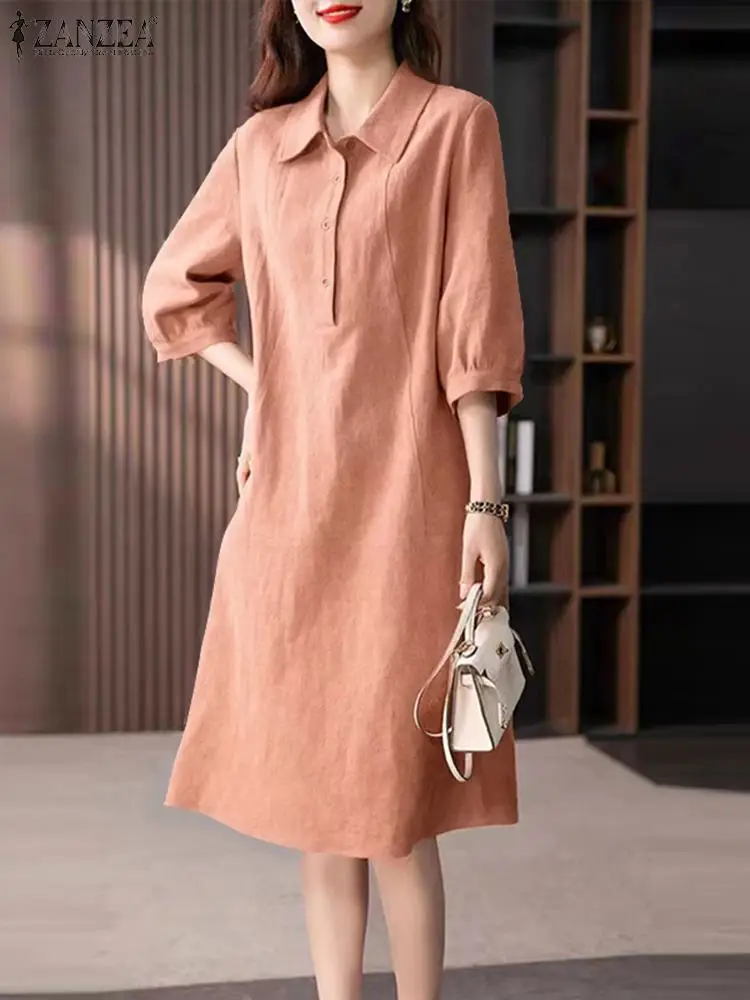 

ZANZEA Women Lapel Neck Shirt Dress 2024 Summer Lantern 3/4 Sleeve Midi Dress Casual Loose Buttons Robes Korean Fashion Vestidos