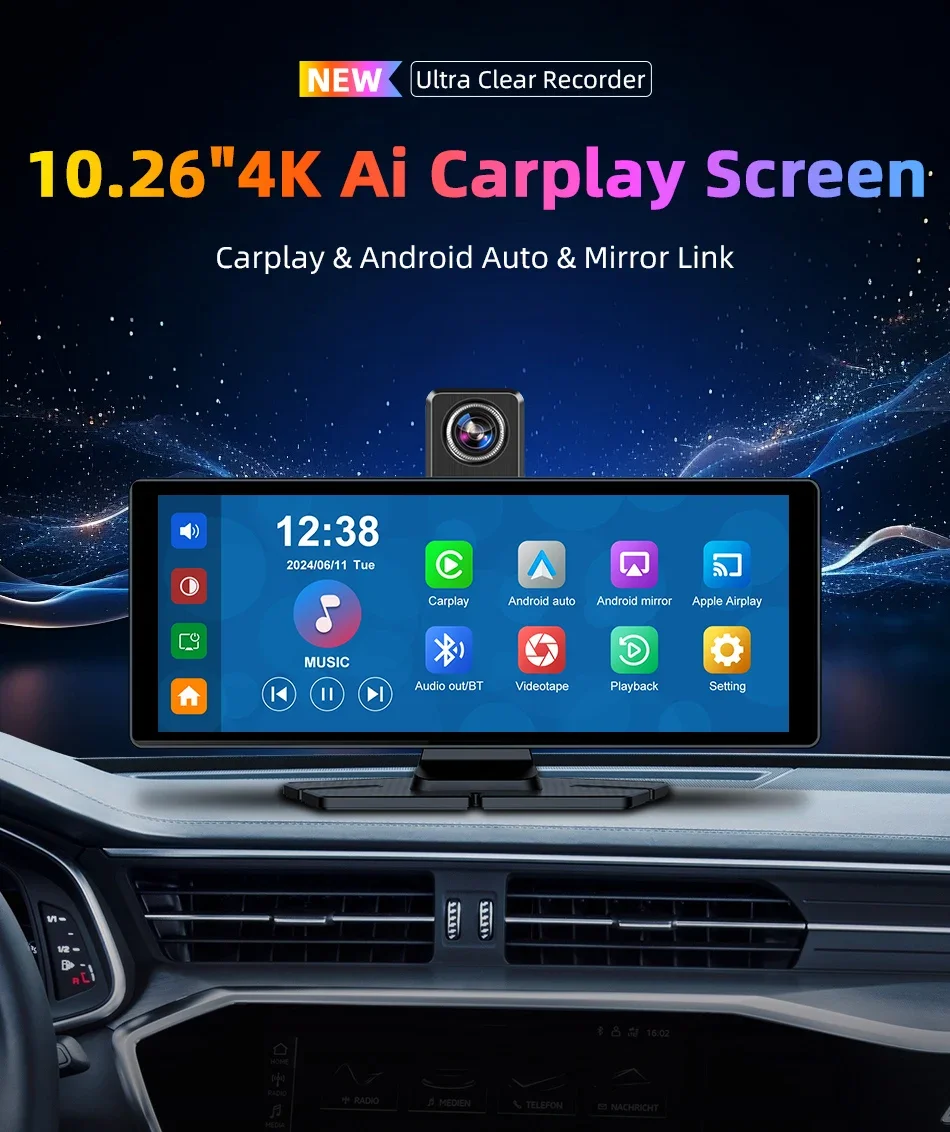 Description Picture 2 of item10.26 Inch Car DVR 4K Camera 350 Degrees Rotating Lens Wireless Carplay Android Auto Screen Dashboard Video Recorder Navigation