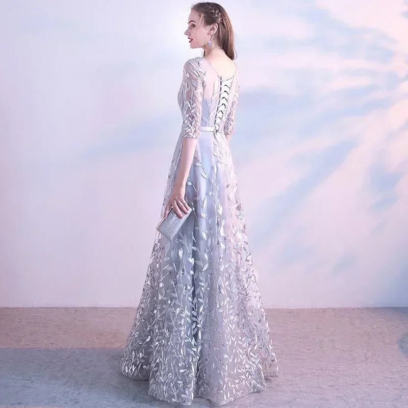 It's Yiiya Customized Evening Dress Gray Sequins O-Neck Half Sleeves Floor Length A-line Plus size Woman Formal Women Party Gown 3