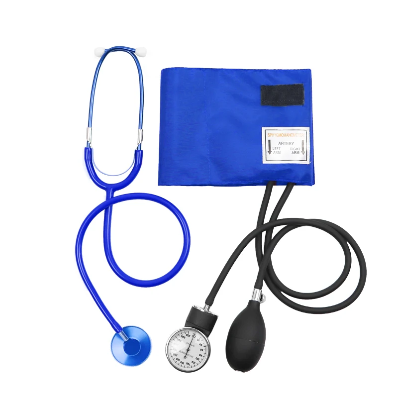 Blue Manual Medical Blood Pressure Monitor Meter BP Cuff Manometer Upper Arm Aneroid Sphygmomanometer & Cardiology Stethoscope