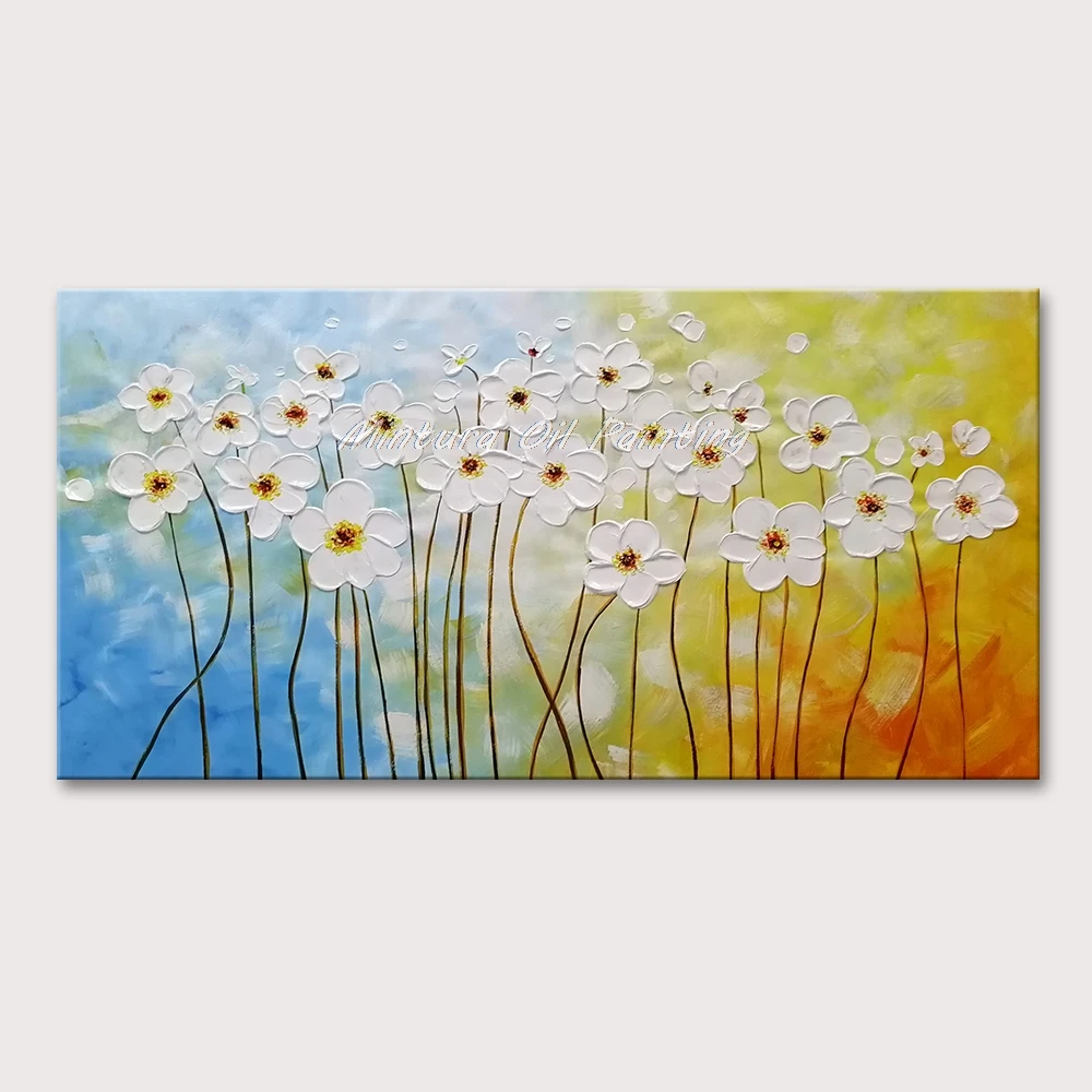 

Mintura Wall Picture for Living Room Oil Paintings on Canvas,Hand-Painted Different Forms of White Flowers Wall Art No Framed