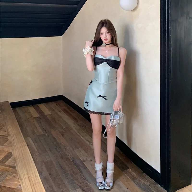 

French Retro Party Dress 2024 New Elegant Dress for Women Vintage Bowtie Slim Satin Short Dresses Sexy Mini Contrast Color Robe
