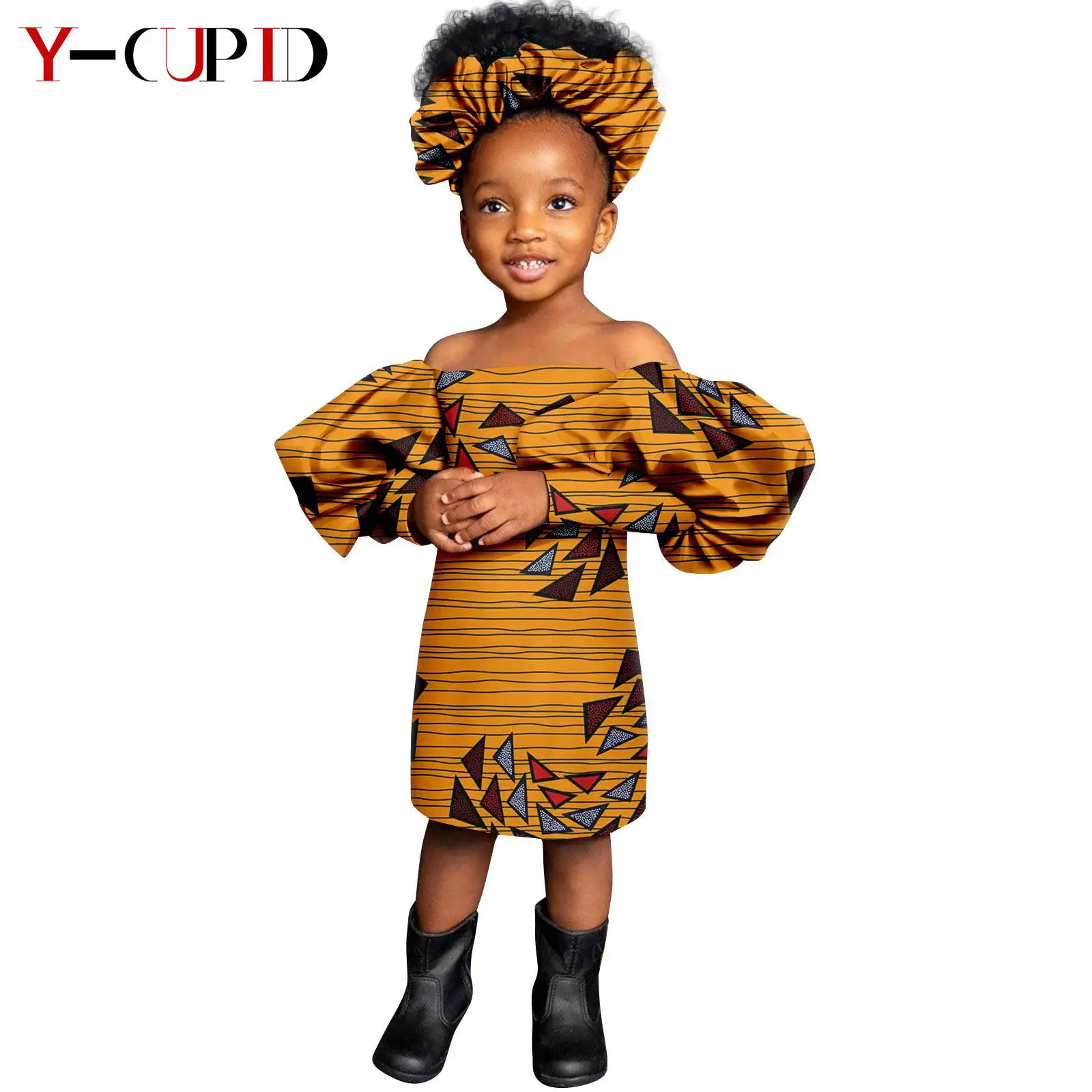 African Clothes for Girls Print Knee-length Dresses with Headtie Dashiki Kids Children Lantern Sleeve Outfits Vestido 2445004 baby girls boys breathable knee high stockings sweet style ribbon bow mid calf length sock