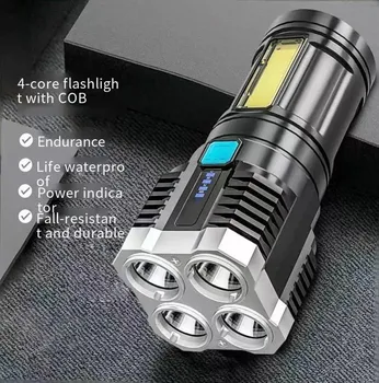 High Power LED Flashlights Camping Torch With 4 Lamp Beads And COB Side Light Rechargeable Portable Hand Lantern 4 Lighting Mode