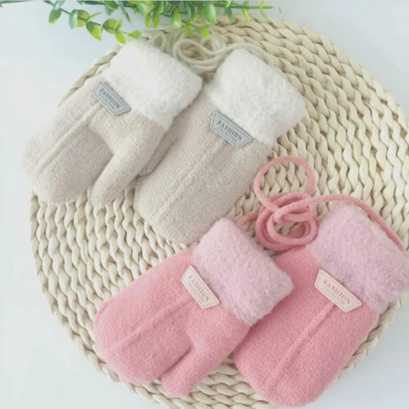 1-7Y Baby Boys Girls Winter Knitted Gloves Warm Rope Full Finger Thick Mittens Gloves for Children Toddler Kids Accessories 2