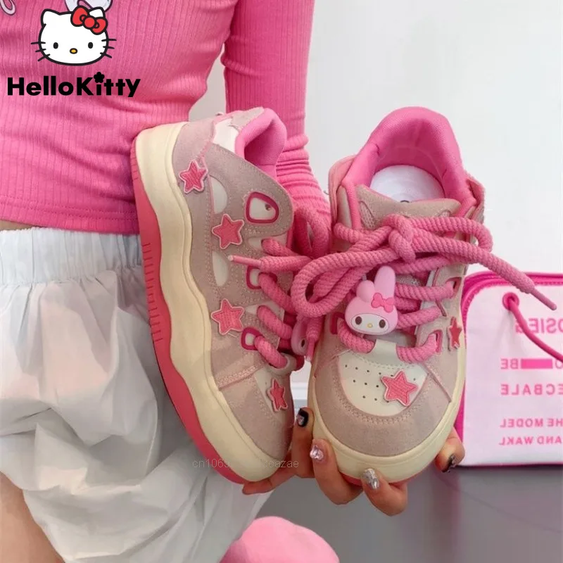 

Женские сетчатые кроссовки Sanrio Kawaii Melody с розовыми звездами, милая мультяшная дышащая обувь для девочек Y2k, летняя новая повседневная обувь с круглым носком