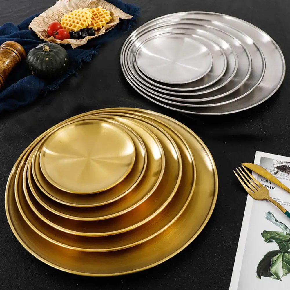 Stainless Steel Bone Spitting Dish 14/17/20/23/26CM Gold Silver Shallow Tray Metal Dining Disc Round Plate Dessert Tableware dining dish