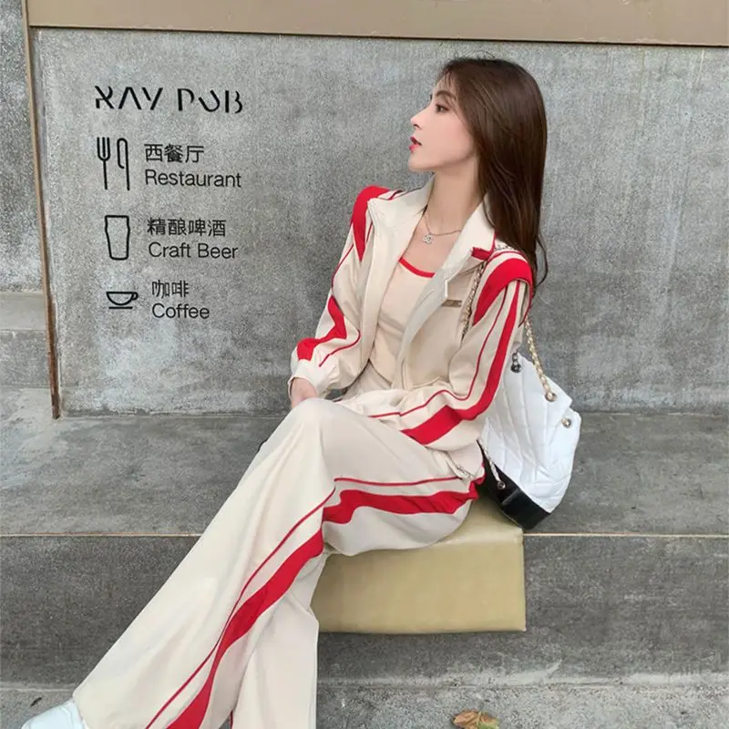 

Женский комплект из трех предметов, короткий свитер и штаны на молнии с высокой талией и широкие брюки, весна-осень 2023