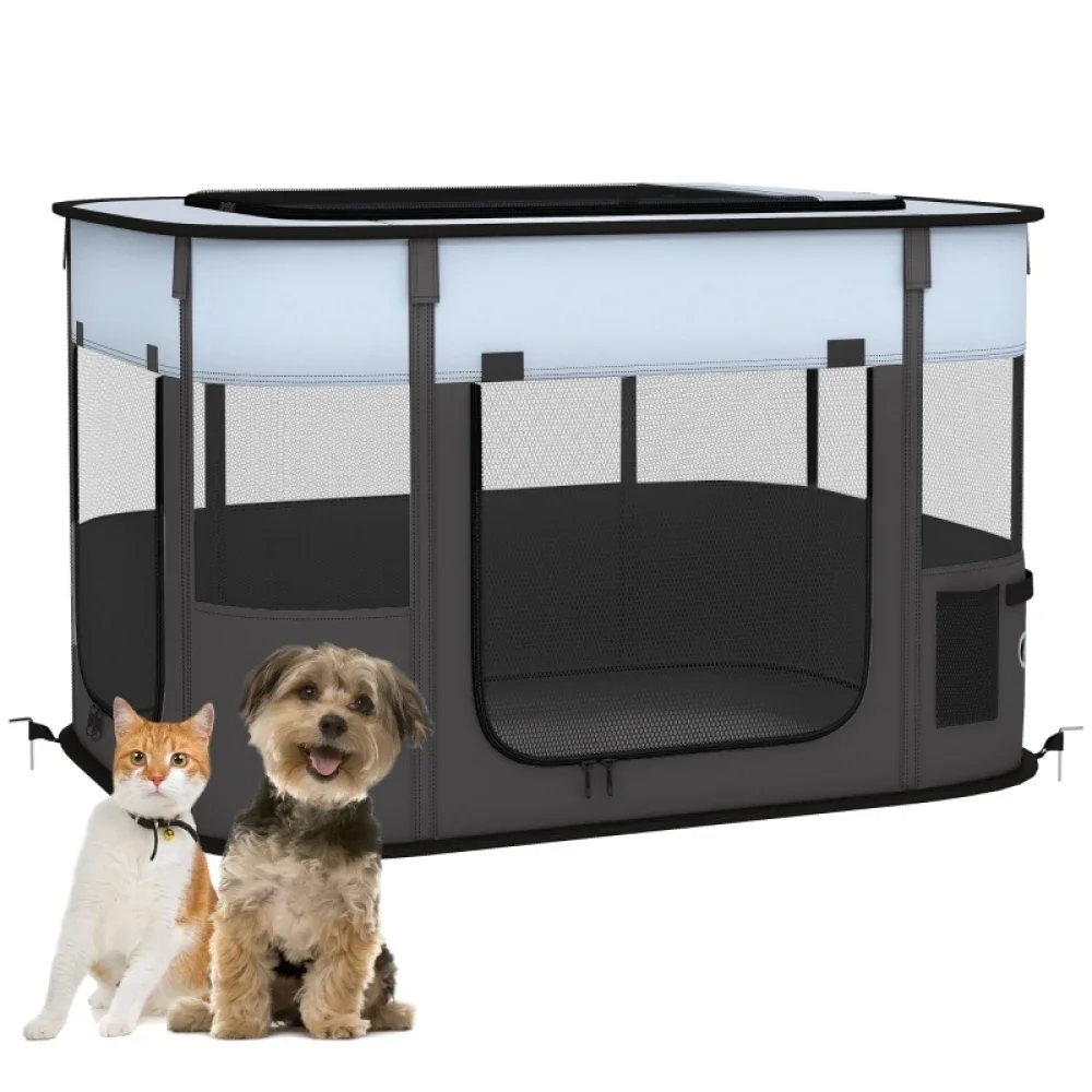 Ye Foldable Dog Pen with Storage Bag for Indoor/Outdoor Use, Portable Pet playpen, with Ground Stakes - Grey