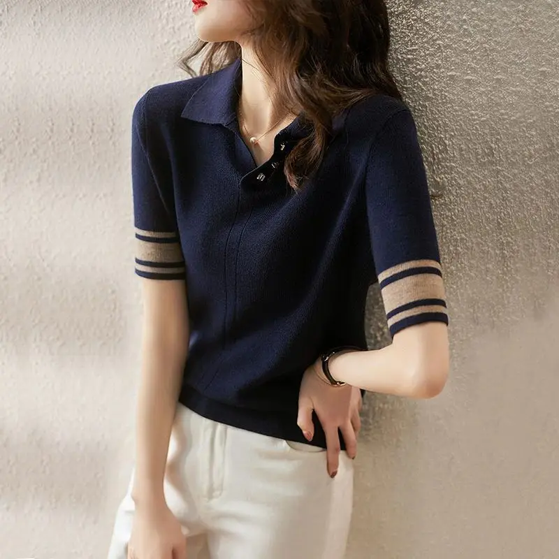 

Women Casual Peter Pen Neck Solid Color Short Sleeve T-Shirt Autumn 2024 Female Knitting Tee Ladies T-shirt S102
