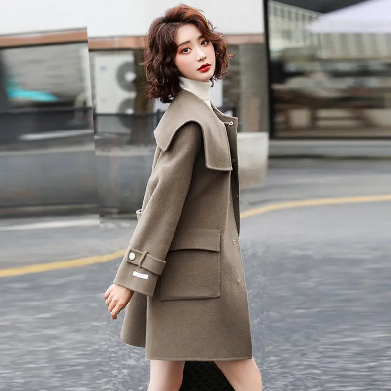 Navy collar coat women's small mid-length woolen jacket autumn new with large pockets outwear loose woolen Herben-style overcoat new style korean fashion small fragrant wind small french cloak student 2021 autumn and winter mid length woolen coat female