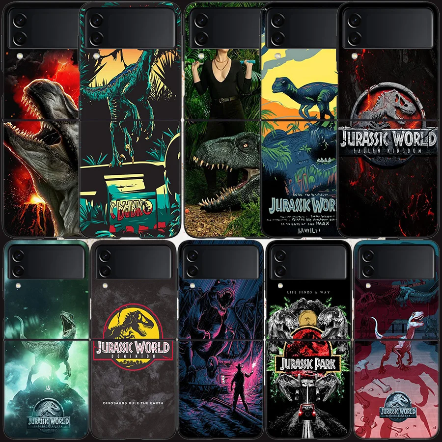 World Jurassic Park Case Per Samsung Galaxy Z Flip 3 Flip 5 4 5G Black Hard Cell Phone Cover Samsung Z Flip 5 5G Luxury Pc Shell